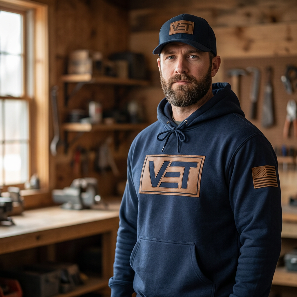 Man wearing a blue hoodie with 'VET' logo in a workshop setting